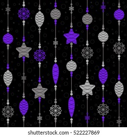 Christmas toys on threads with beads and snowflakes. Seamless background. Pattern. Vector illustration.