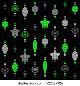 Christmas toys on threads with beads and snowflakes. Seamless background. Pattern. Vector illustration.