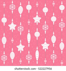 Christmas toys on threads with beads and snowflakes. Seamless background. Pattern. Vector illustration.