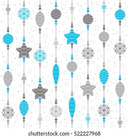 Christmas toys on threads with beads and snowflakes. Seamless background. Pattern. Vector illustration.