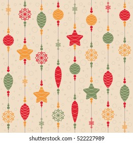 Christmas toys on threads with beads and snowflakes. Seamless background. Pattern. Vector illustration.