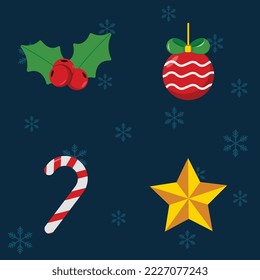 Christmas toys on the Christmas tree, Festive set for Christmas. Vector set with xmas objects -  christma balls,a star on a Christmas tree   isolated on black background illustration