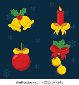 Christmas toys on the Christmas tree, Festive set for Christmas, Christmas greetings decorative vector set with xmas objects -  balls,christmas bells and candle   on black background illustration