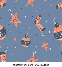 Christmas toys on the Christmas tree, star and sock. seamless pattern in christmas style for fabric and wrapping paper