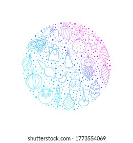 Christmas toys on a white background.  Star for the tree. Christmas toys. Cone shapes. Vector isolated illustration with Doodle style.  Glass ball. Striped balls. An angel with wings. 