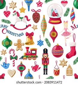 Christmas toys on white background. Seamless pattern.Texture for fabric, wrapping, wallpaper