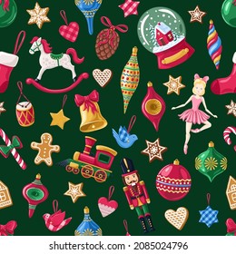 Christmas toys on white background. Seamless pattern.Texture for fabric, wrapping, wallpaper