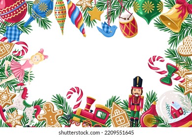 Christmas toys on white background.  Horizontal frame, banner, greeting card. Place for your text