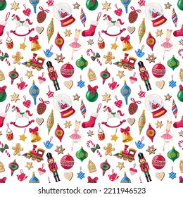 Christmas toys on white background. Seamless pattern.Texture for fabric, wrapping, wallpaper