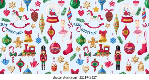 Christmas toys on white background. Seamless pattern.Texture for fabric, wrapping, wallpaper