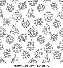 Christmas toys pattern. Vector seamless pattern with Christmass balls and bells. Hand drawn doodle background with winter holiday elements. Coloring page for anti stress coloring book. 