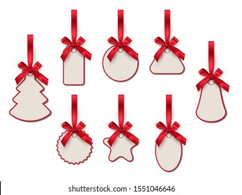 Christmas toys realistic illustrations set. Winter holidays decorations. New year blank tags, labels with ribbons pack. Cartoon various shapes pendants collection isolated on white background