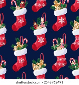 Christmas toys in red christmas socks on blue background. Seamless pattern.Texture for fabric, wrapping, wallpaper