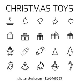 Christmas toys related vector icon set. Well-crafted sign in thin line style with editable stroke. Vector symbols isolated on a white background. Simple pictograms.