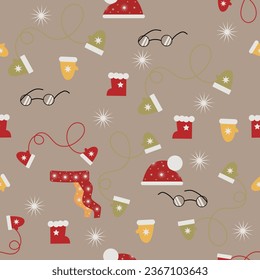 Christmas toys and Santa clothes seamless pattern