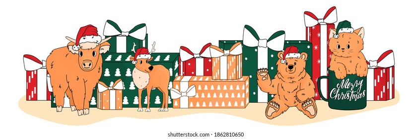 Christmas toys are in Santa hat near New Year gifts. Cow, cat, deer, bear have peach colour
