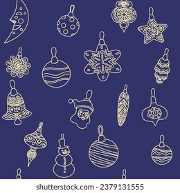 Christmas toys seamless pattern, balls retro doodle decoration