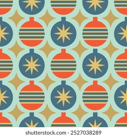 Christmas toys seamless pattern. Christmas balls and stars in retro style. Vector illustration for background, card, packaging, wrapping paper, fabric, cover, case