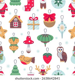 Christmas toys seamless pattern. Vintage fir tree decorations, glass toy for xmas and new year. Bird, mushroom, strawberry, gift box, neoteric vector background