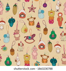 Christmas toys seamless vector hand drawn doodle pattern