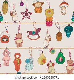 Christmas toys seamless vector hand drawn doodle pattern