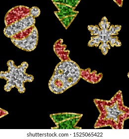 Christmas Toys from Sequins Vector Seamless Pattern.