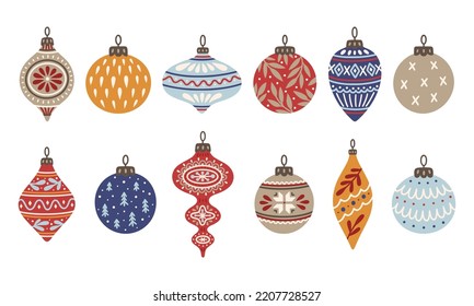 Christmas toys set. Collection of decorations such as balls, spinning tops, icicles for Christmas tree. Vector illustration