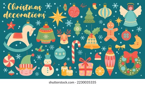 Christmas toys set. Collection of stickers for social networks. Caramel, deer and gift boxes. Winter holidays, culture and traditions. Cartoon flat vector illustrations isolated on blue background