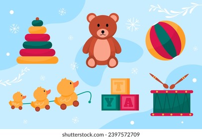 Christmas toys set. Colorful cubes, pyramides and ball. Drum with sticks, teddy bear and yellow ducks. Entertainment for children. Cartoon flat vector collection isolated on blue background