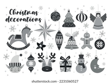 Christmas toys set. Home decoration and symbol of winter holidays and new year. Gifts, presents and surprises. Snowman and angel. Cartoon flat vector illustrations isolated on white background