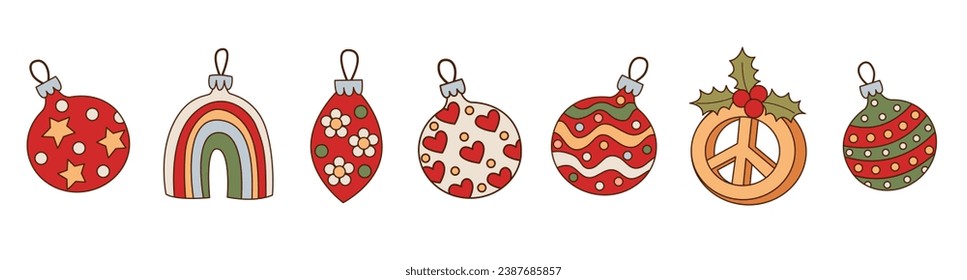 Christmas toys set isolated on a white background. Merry Christmas and Happy New Year groovy stickers. Funny retro flat cartoon element in trendy 60s-70s style. 