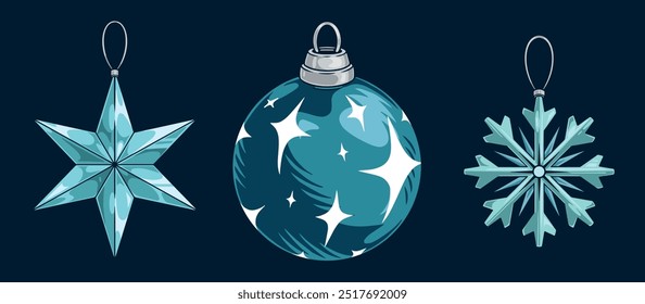 Christmas toys set labels colorful with glass ball and star or snowflake for xmas fir decoration vector illustration