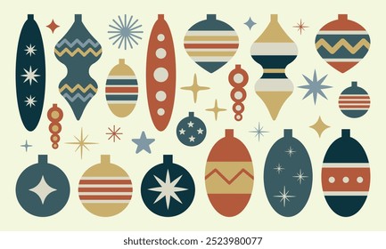 Christmas toys set. Christmas tree decoration in 70s style, retro toys and balls. Flat vector illustration for holiday decor.