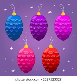 Christmas toys in shape of pine cones with snow glitter. Glass christmas tree toys on a purple background. New year. Purple, blue, green, pink and redcones. Illustration for card, banner.