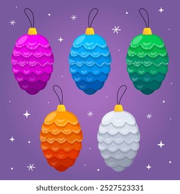 Christmas toys in shape of pine cones with snow glitter. Glass christmas tree toys on a purple background. New year. Purple, blue, green, orange and white cones. Illustration for card, banner.