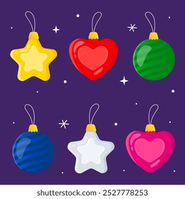 Brinquedos de Natal em forma de estrelas e corações. Ano Novo. Decoração de árvore de Natal. Ilustração para um cartão, banner, cartaz. Branco, amarelo, vermelho, verde, rosa e brinquedos de Natal de vidro azul.