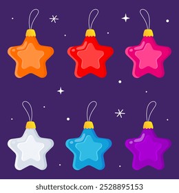 Christmas toys in shape of stars. New Year. Christmas tree decor. White, orange, red, pink, blue and purple glass stars. Illustration for card, banner.