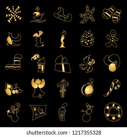 Christmas toys and stickers. golden ornated metallic objects on black.