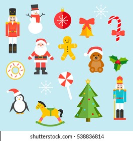 Christmas toys and sweets set, vector illustration. With different nutcrackers, Santa Claus, bear, candy, Christmas tree, wood horse, snowman, penguin, ball, mistletoe, etc.