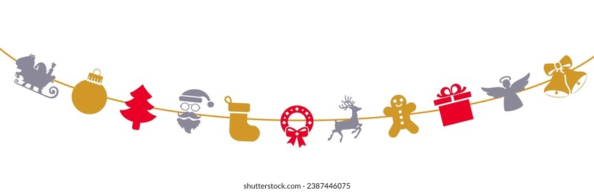 Christmas toys symbol elements hanging on garland, Merry Christmas banner, Happy New Year decoration – stock vector