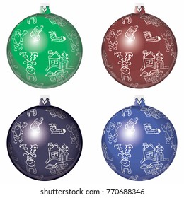 Christmas toys for the Christmas tree. Ilustration on toys is drawn by hand in the style of Christmas.