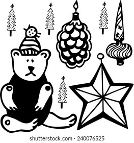  Christmas Toys and Christmas tree, Isolated On White Background, Vector Illustration. Hand drawn. New year set.