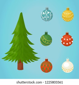christmas toys and christmas tree vector set