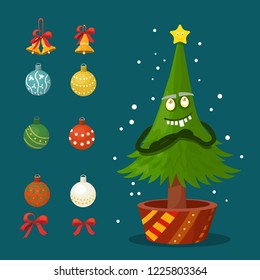 christmas toys and christmas tree vector set