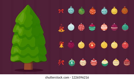 Christmas toys and Christmas tree vector set
