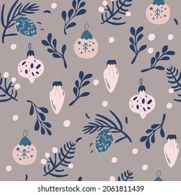 Christmas toys and twigs seamless pattern. Happy New Year background with fir cone, holly leaves and berries. Cute Vector hand draw illustration for fabric, wrapping paper, postcard design.