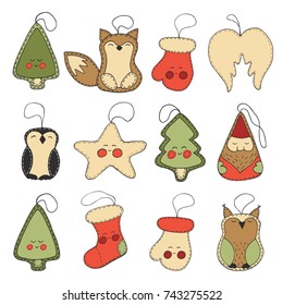 Christmas toys vector hand drawn set with cute cartoon xmas tree, fox, glove,wings,star, santa claus, owl, stocking and penguin
