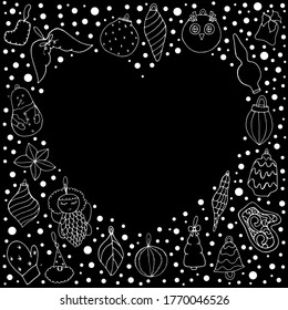 Christmas toys. Vector isolated illustration with Christmas toys on a black background. Doodle style.  Glass ball. Striped balls. Doodle style. Star for the tree.  Cone shapes. An angel with wings. 