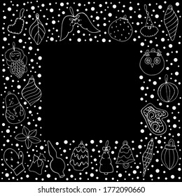 Christmas toys. Vector isolated illustration with Christmas toys on a black background.  An angel with wings. Doodle style.  Glass ball. Striped balls. Star for the tree. Cone shapes. 