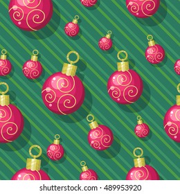 Christmas toys vector seamless pattern. Red balls to decorate Christmas tree on winter holidays on striped background. Flat design. For gift wrapping, greeting cards, invitations, printings design